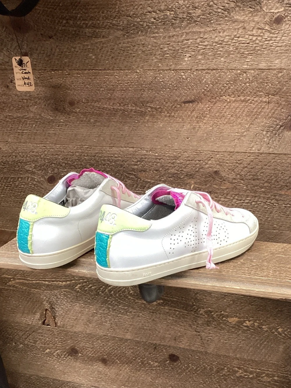 P448 White Sneakers with Pink Laces and Purple Tongue